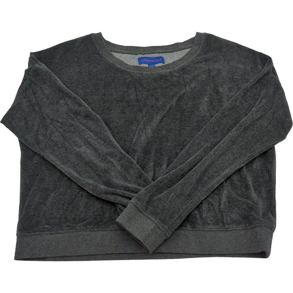 Aeropostale Womens Velour Sweatshirt Charcoal Gray Crew Neck Pullover Size S